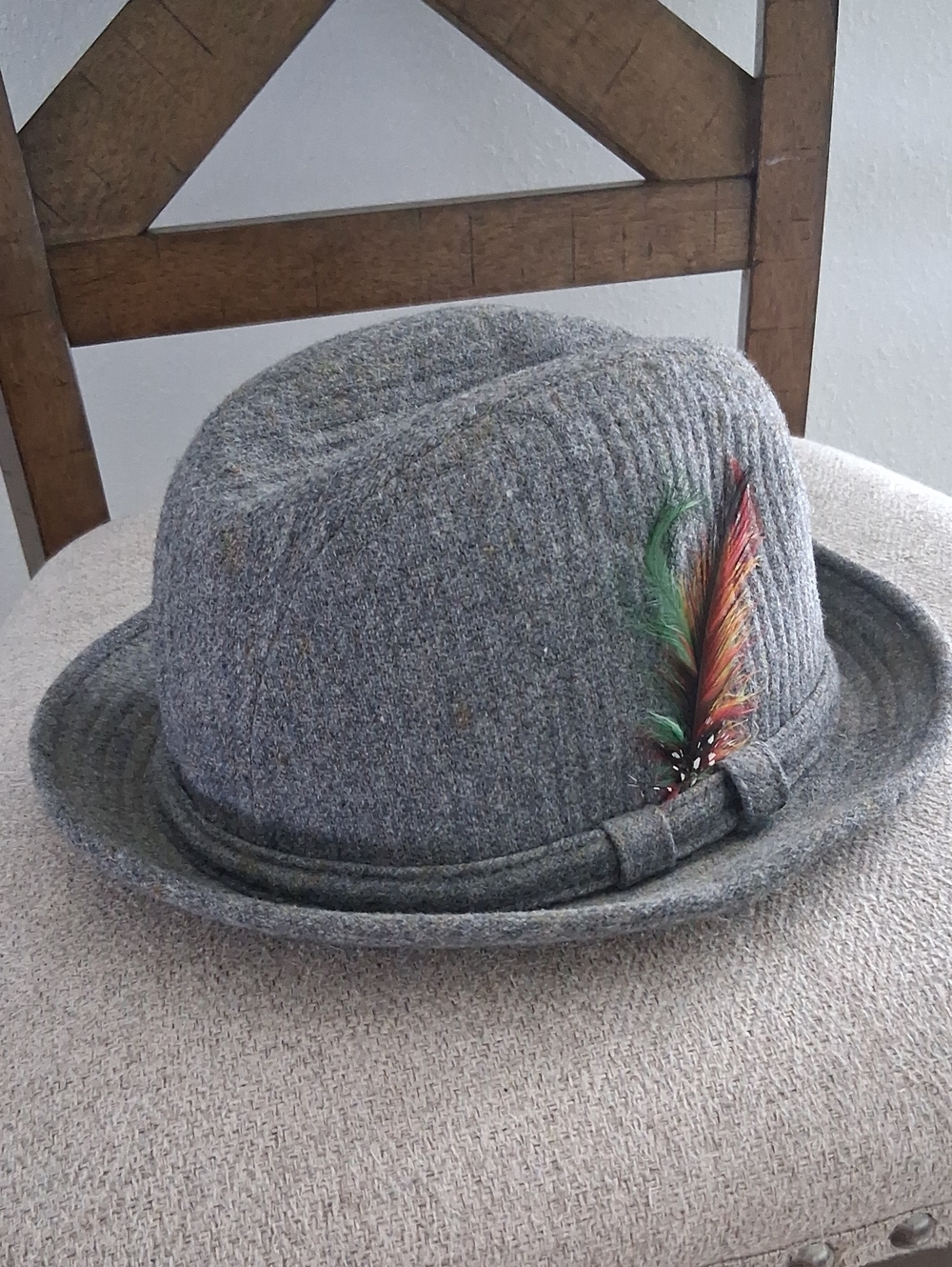 Adam Gray Wool Fedora with Multicolor Feather